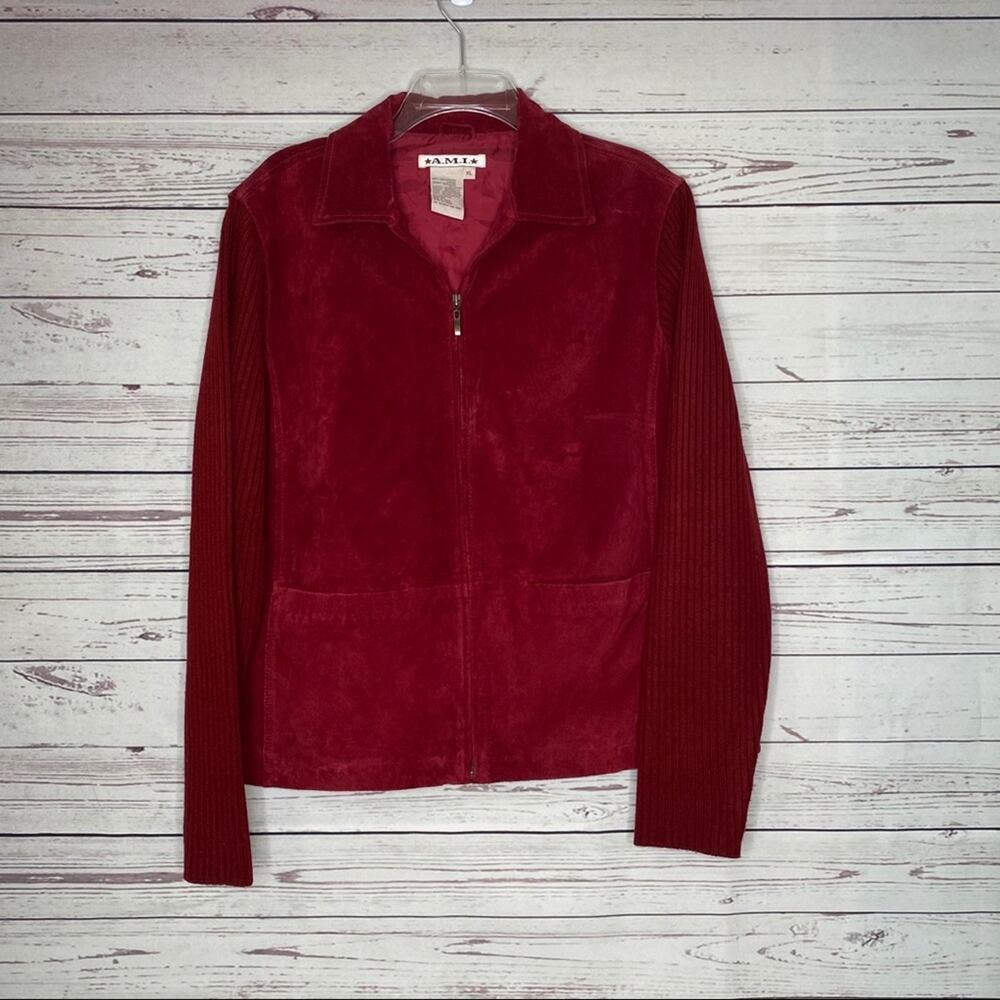 A.M.I Women's Leather Suede Knit Jacket Red Size XL